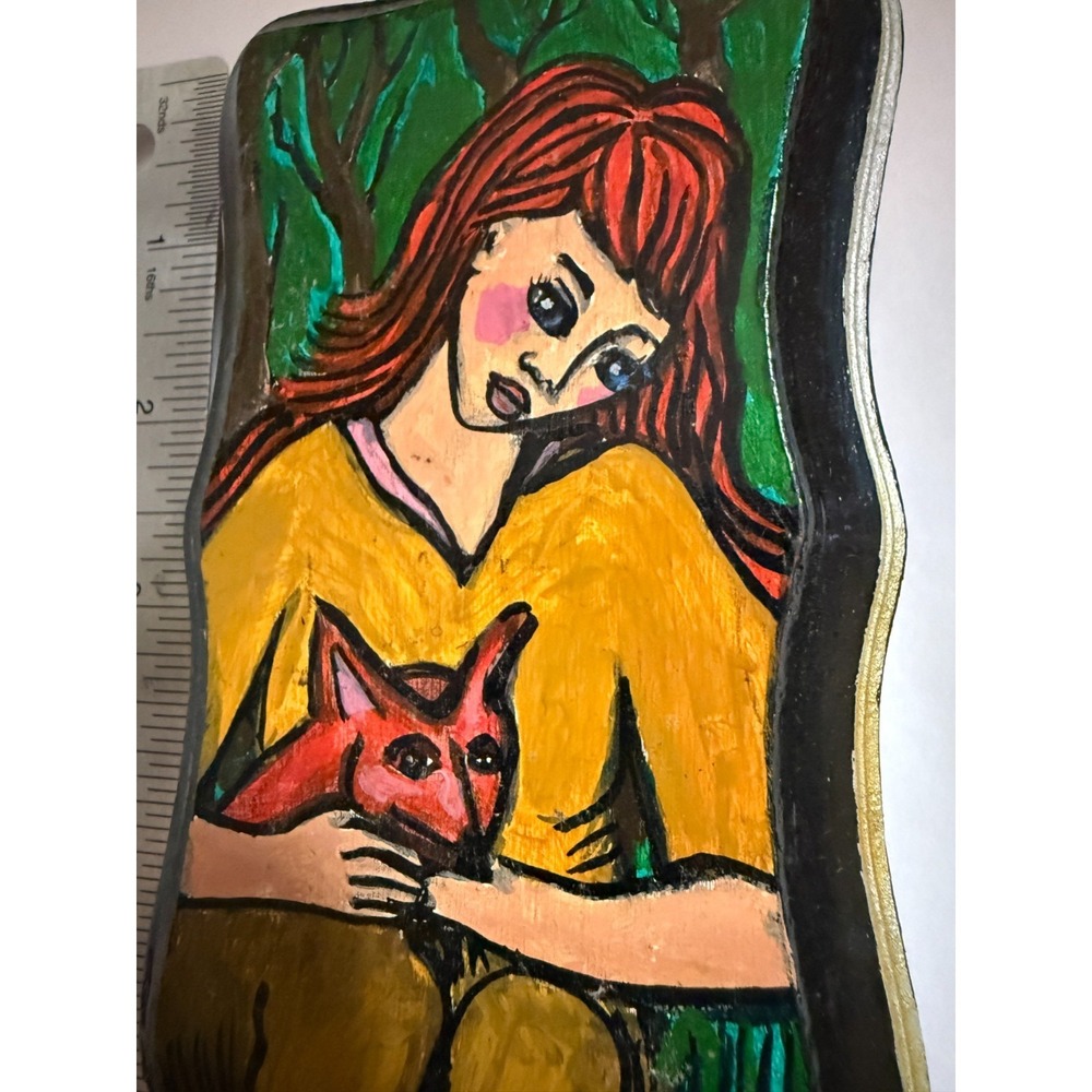Girl with Fox - Original Painting by Janeane Wilbur on Wood 3" x 5.5" handmade - Picture 6 of 7